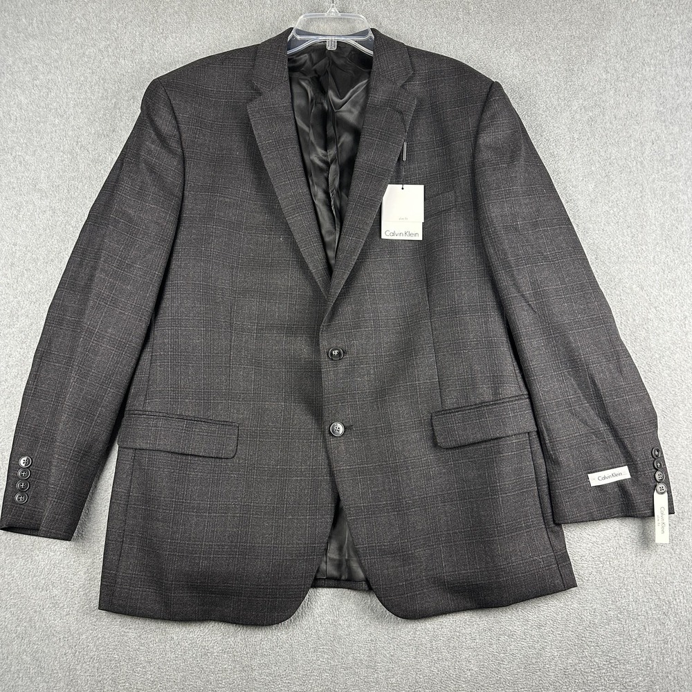 Calvin Klein Suit Jacket Mens 46R Gray Check Wool Slim Fit 2 Button Notch Lapel